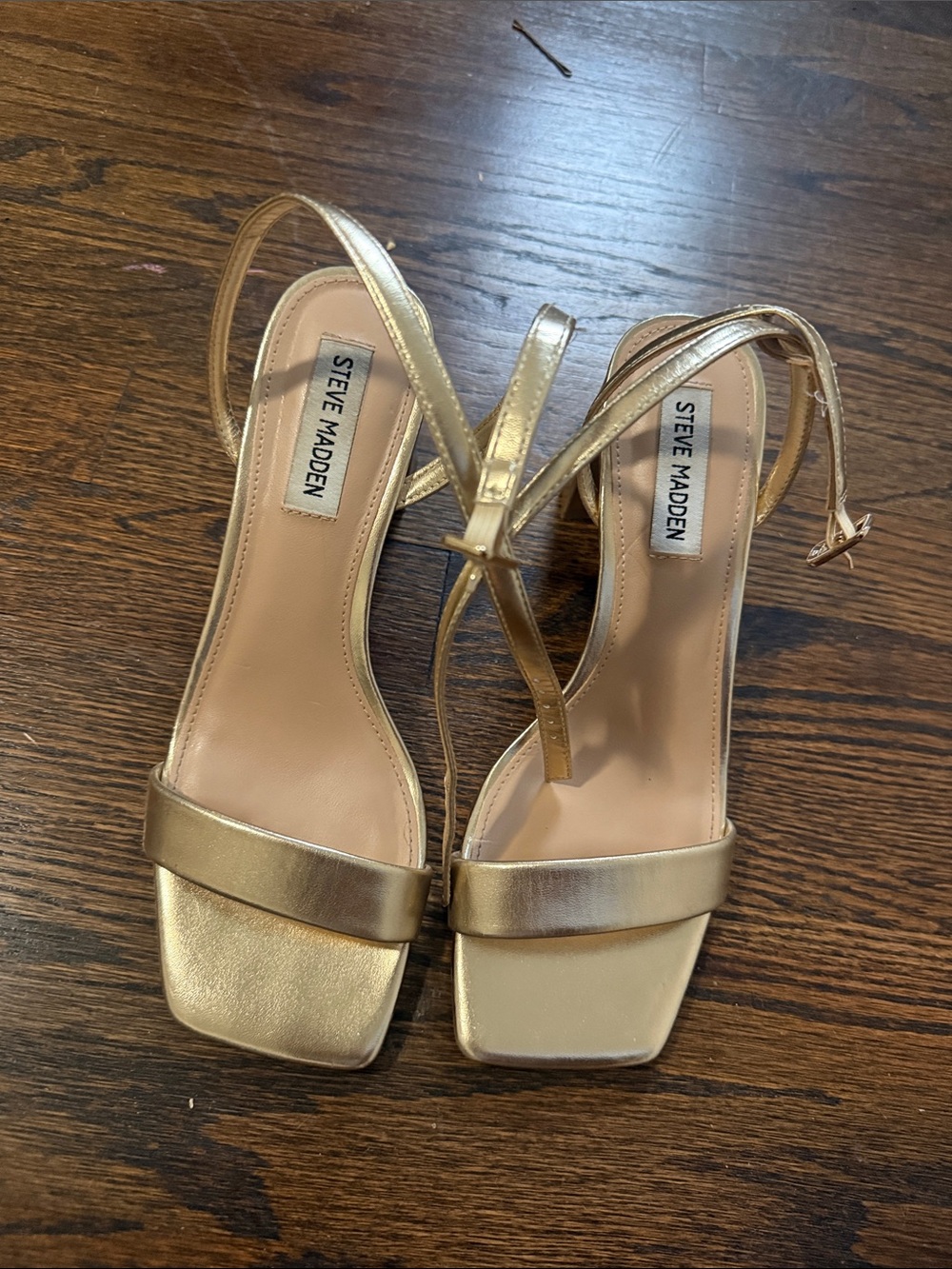 Steve Madden Metallic Gold Strappy Square-Toe Block Heels